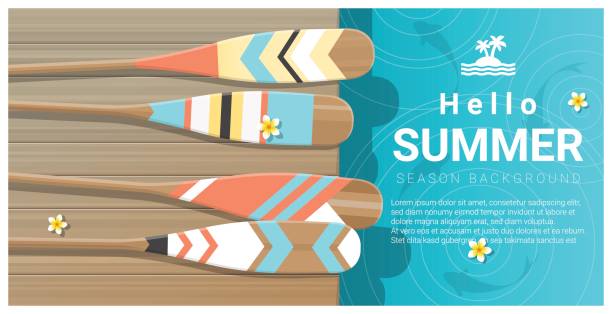 Hello summer background with collorful canoe paddles on wooden pier , vector , illustration Hello summer background with collorful canoe paddles on wooden pier , vector , illustration collorful stock illustrations