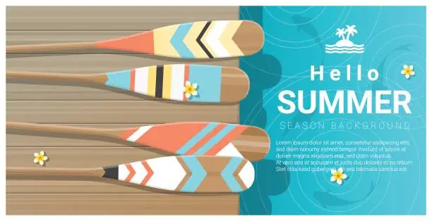 Vector illustration of Hello summer background with collorful canoe paddles on wooden pier , vector , illustration