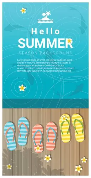 Vector illustration of Hello summer background with sandals on wooden pier , vector , illustration