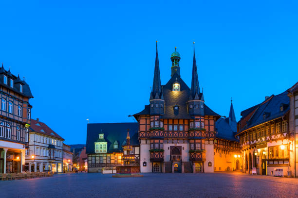 The gothic city hall of wernigerode by night,  blue hour