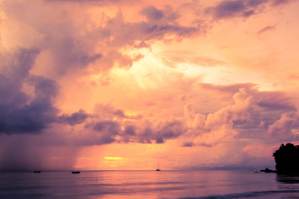 istock Beautiful sunset at Seychelles beach 673128818