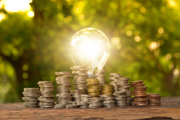 istock Energy saving light bulb with stacks of coins. 673135750