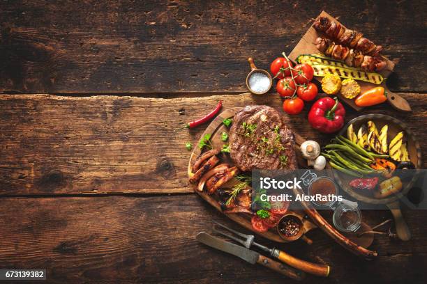 Grilled Meat And Vegetables Stock Photo - Download Image Now - Barbecue Grill, Meat, Barbecue - Meal