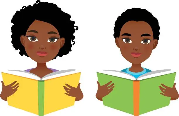 Vector illustration of African girl and boy reading books