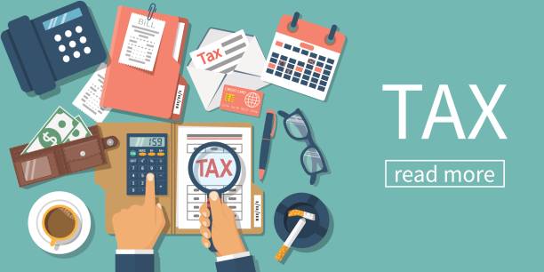 Tax payment. vector Tax payment. Data analysis, paperwork, financial research, report. Businessman calculation tax. Flat design vector illustration. Form pay ment of debt. Calculation return. Magnifying glass in hand. tax backgrounds stock illustrations