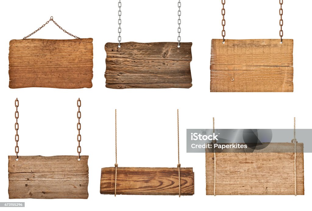 wooden sign with chain hanging background message collection of  various wooden signs with chain on white background. each one is shot separately Wood - Material Stock Photo