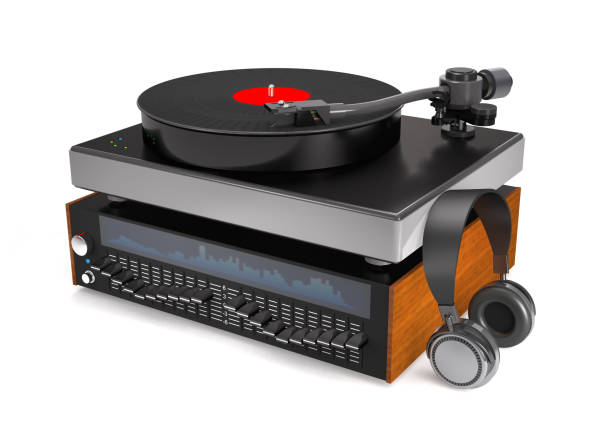 istock Sound equalizer, turntable, vinyl record and headphones (3d illustration). 673156102