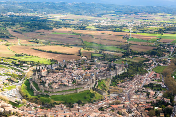 Aerial view from top on medieval village, Carcassonne in France in spring season stock photo