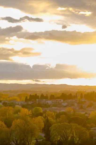 Photo of Spectacular sunset in Carcassonne. View from medieval village on town in bottom