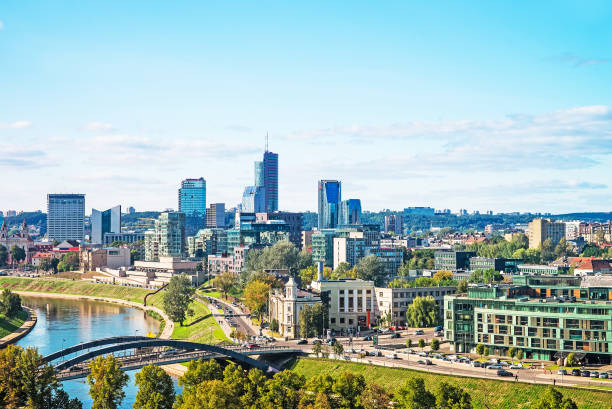 istock Bridge over Neris River and Financial district in Vilnius Baltic 673180758