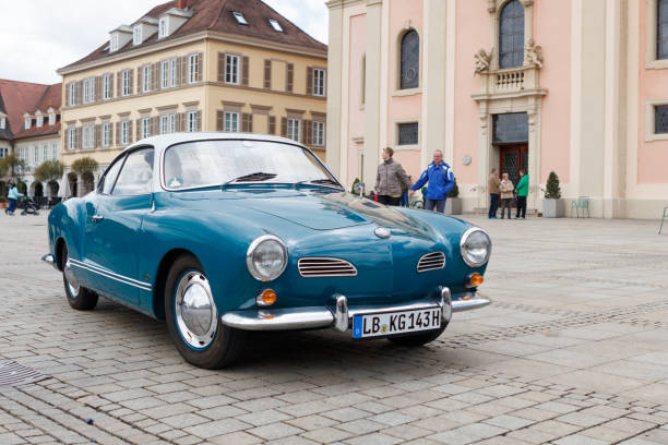 Volkswagen Karmann Ghia at the eMotionen event on April 23, 2017 in Ludwigsburg, Germany LUDWIGSBURG, GERMANY - APRIL 23, 2017: Volkswagen Karmann Ghia oldtimer car at the eMotionen event on April 23, 2017 in Ludwigsburg, Germany. Front side view. ludwigsburg photos stock pictures, royalty-free photos & images