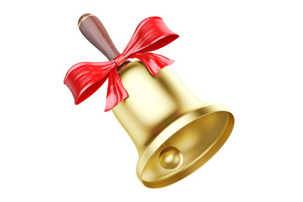 Gold school bell with red bow, 3D rendering isolated on white background vector art illustration