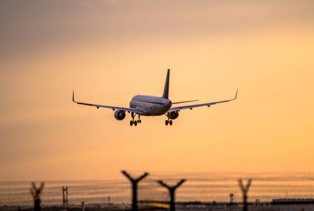 istock Airplane landing at sunset 673192756