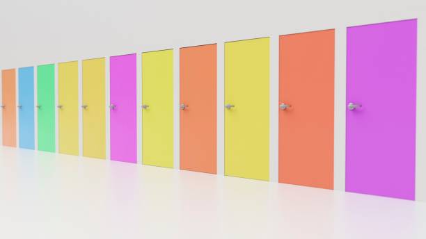 istock Minimal Space with Row of Variously Colored Doors 673192800