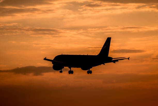 istock Airplane landing at sunset 673192922