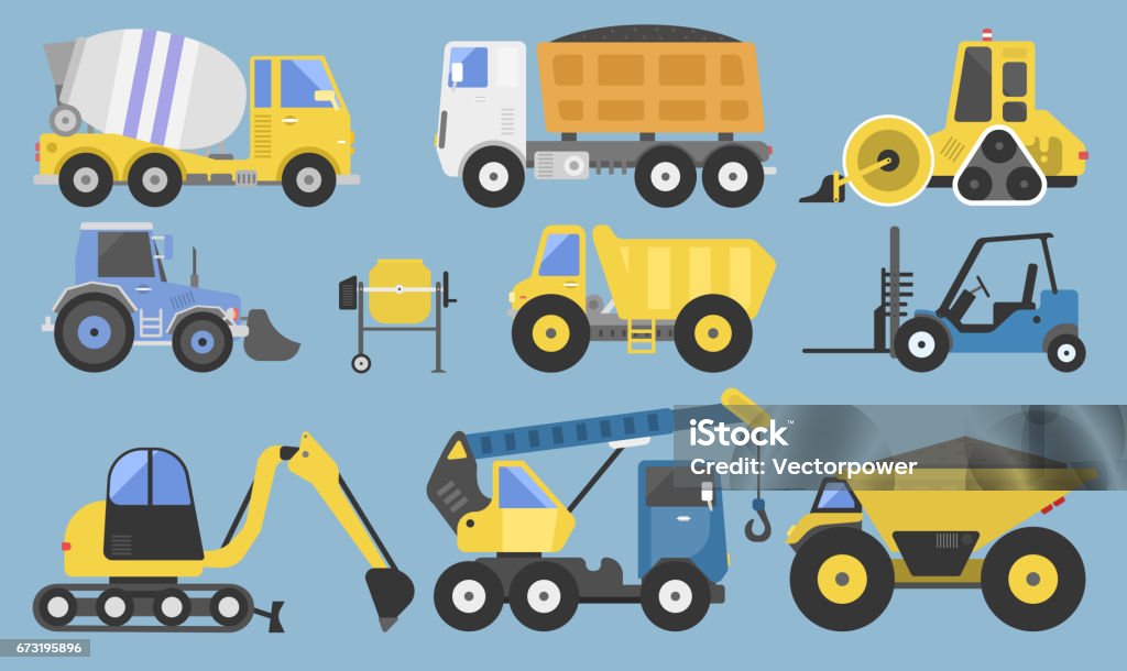 Attrezzature e macchinari per l'edilizia con camion gru bulldozer piatto trasporto giallo illustrazione vettoriale - arte vettoriale royalty-free di Addetto ai traslochi