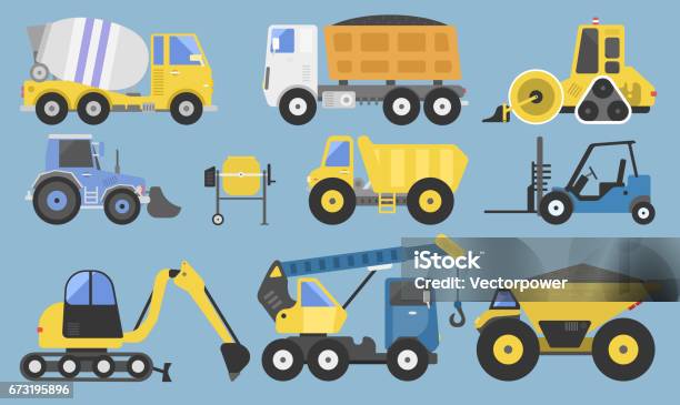 Attrezzature E Macchinari Per Ledilizia Con Camion Gru Bulldozer Piatto Trasporto Giallo Illustrazione Vettoriale - Immagini vettoriali stock e altre immagini di Addetto ai traslochi