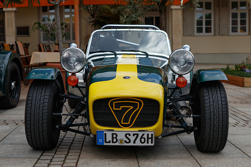 LUDWIGSBURG, GERMANY - APRIL 23, 2017: Caterham Seven oldtimer car at the eMotionen event on April 23, 2017 in Ludwigsburg, Germany. Front view.