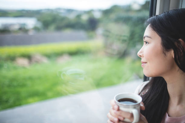 istock Happy woman looking through window 673202858