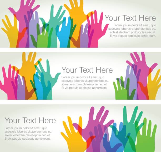 Hands Held High - Horizontal Banners Colourful overlapping silhouettes of Hands raised. Fully repositionable elements. pursuit concept stock illustrations