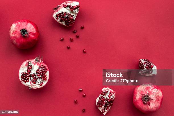 Red Set With Pomegranate For Restaurant Menu Top View Mockup Stock Photo - Download Image Now