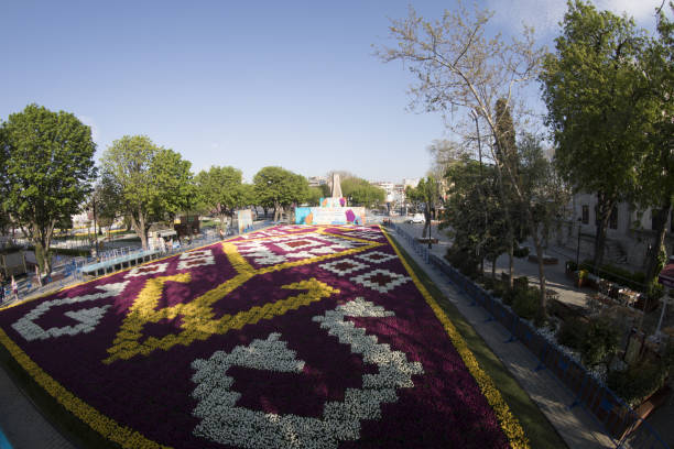 istock Tulip carpet with geometric patterns at Sultanahmet square in Istanbul, with people. 673213066
