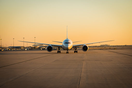 Airport with modern airplane ready for takeoff