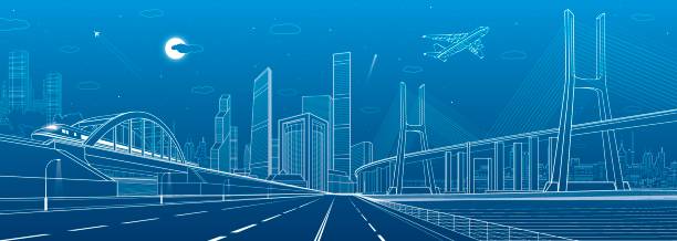 ilustrações de stock, clip art, desenhos animados e ícones de infrastructure illustration. large cable-stayed bridge. train move on the bridge. airplane fly. night modern city on background, towers and skyscrapers, vector design art - cable stayed bridge illustrations