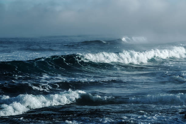 istock Big stormy ocean wave. Blue water background 673234512