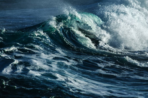 istock Big stormy ocean wave. Blue water background 673240384