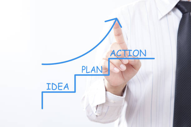 istock Businessman tap arrow pointing up with IDEA PLAN ACTION concept. Business Strategy 673246872