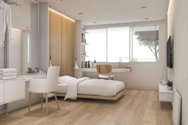 istock 3d rendering white bedroom with make up table near walk in closet 673247234