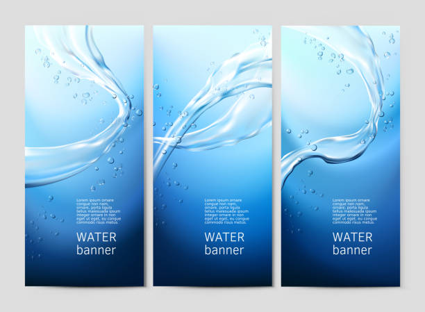 illustrazioni stock, clip art, cartoni animati e icone di tendenza di sfondo blu vettoriale con flussi e gocce di acqua cristallina - splashing water wave drop