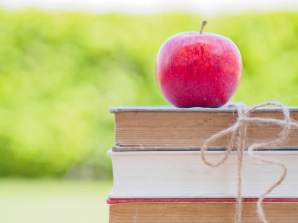 istock World Book Day concept. Red apple and pen put on stack of old books 673266350