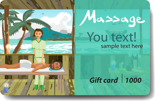 człowiek rozpieszcza się, delektując się codziennym masażem spa na plaży. karta podarunkowa ze zniżką sprzedaży - health spa gift backgrounds greeting card stock illustrations