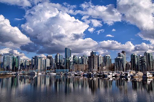 Vancouver skyline reflection in Stanley park on a sunny Spring afternoon.