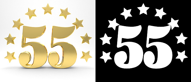 Golden number fifty five on white background with drop shadow and alpha channel , decorated with a circle of stars. 3D illustration