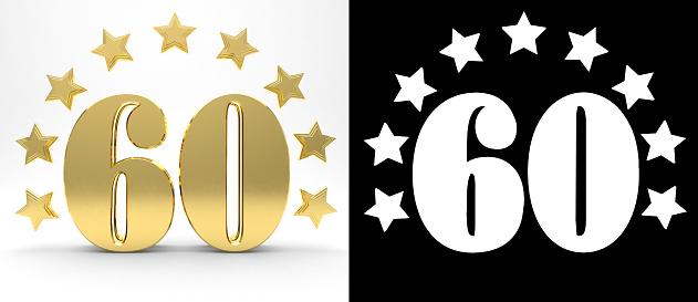 Golden number sixty on white background with drop shadow and alpha channel , decorated with a circle of stars. 3D illustration