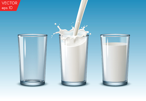 Transparent realistic glasses of milk on blue background, nutricious and organic, for breakfast