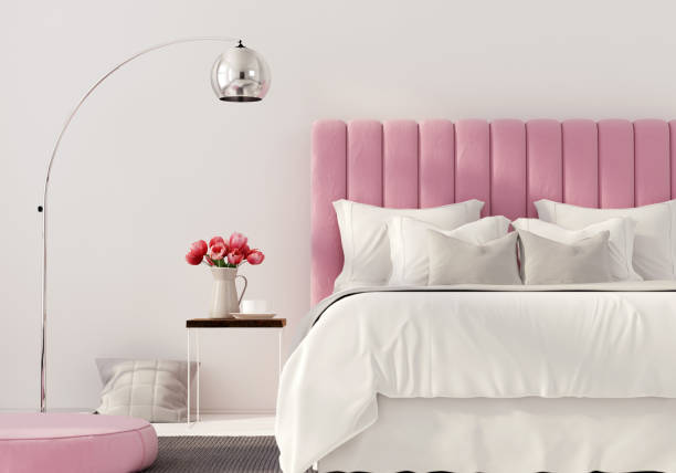 modern bedroom with pink bed - showcase interior inside of domestic room indoors imagens e fotografias de stock