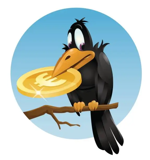 Vector illustration of Crow holding euro coin.