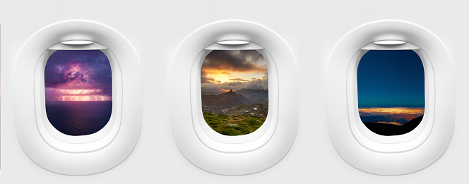 traveling concept photography; porthole inside airplane with three different landscapes in Spain- storm view from Mirador des balcons, Roque Bentayga, view from Cruz de Tejeda and Tenerife city lights by night.