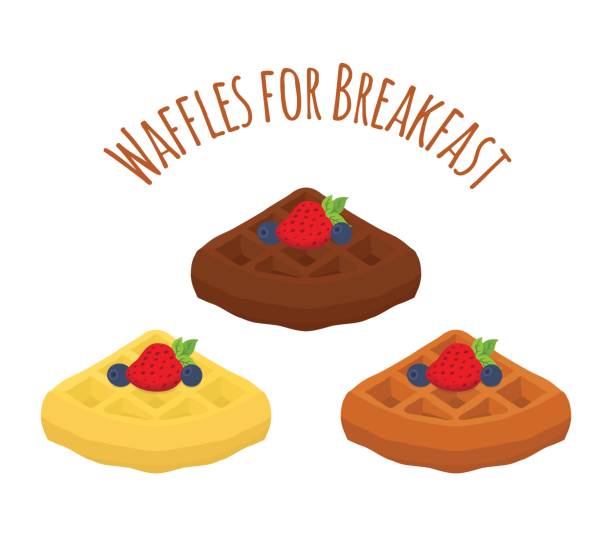 zestaw belgijskich gofrów - czekolada, śmietana i jagody. smaczne śniadanie w restauracji - waffle breakfast syrup plate stock illustrations