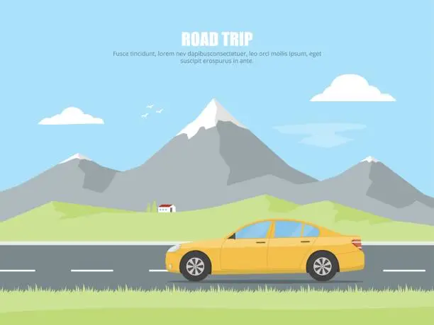 Vector illustration of Highway drive with mountain landscape. Car rides on a highway in the background of a mountain landscape. Concept road trip. Outdoor recreation.