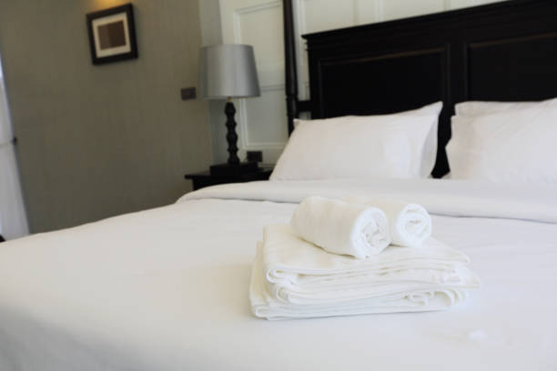 istock Interior of a luxury double bed hotel bedroom 673326260