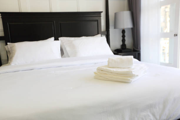 istock Interior of a luxury double bed hotel bedroom 673326266