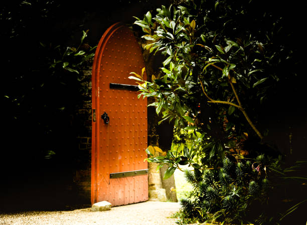 Old wooden heavy open door as entrance to the fairy tale stock photo