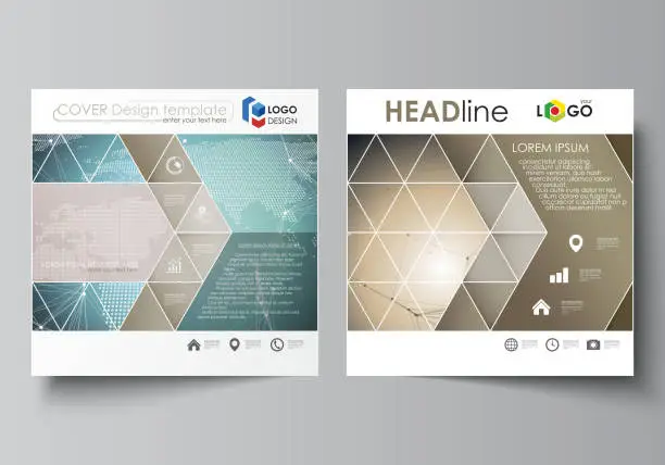 Vector illustration of The minimalistic vector illustration of the editable layout of two square format covers design templates for brochure, flyer, booklet. Chemistry pattern with molecule structure. Medical DNA research