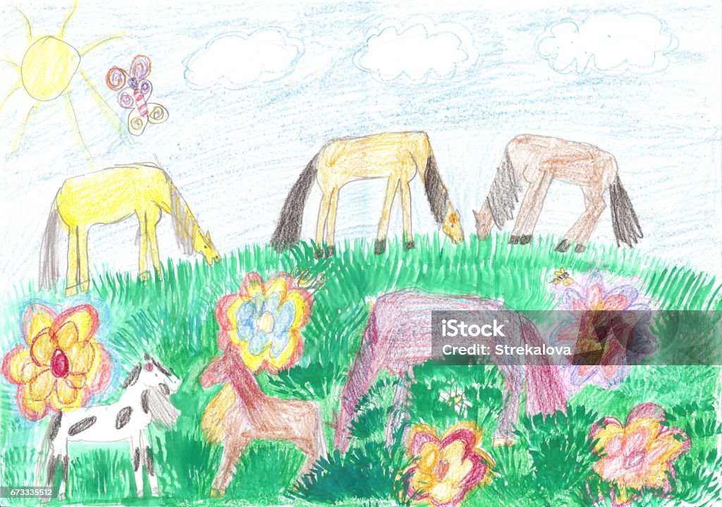 Horses on pasture Horse with foal on pasture Agricultural Field stock illustration