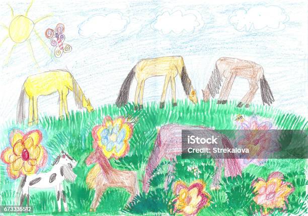 Horses On Pasture Stock Illustration - Download Image Now - Agricultural Field, Agriculture, Animal